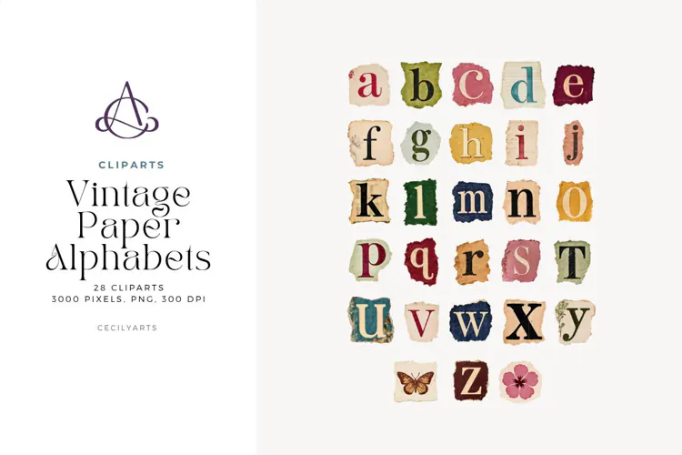 Vintage Lowercase Alphabet Clipart, 28 Torn Paper Letters