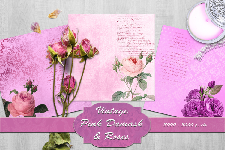 Vintage Pink Damask & Roses Backgrounds