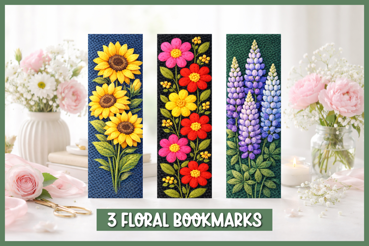 Floral punch needle bookmarks with embroidered flowers