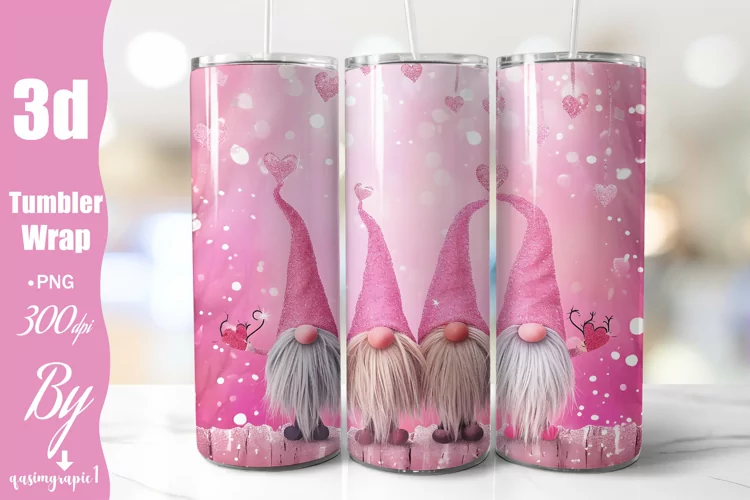 Pink Gnomes Glitter 20oz Tumbler Wrap PNG Download