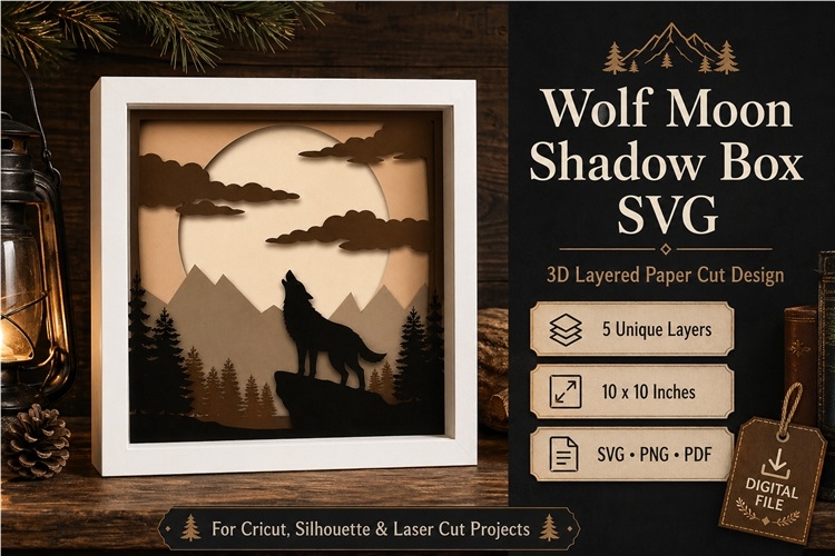 Wolf moon shadow box svg 3d layered paper cut design with