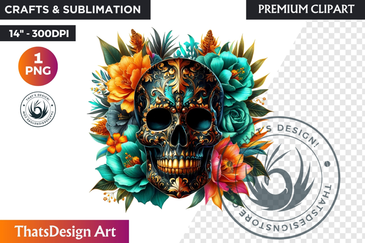 Floral Black Gold Sugar Skull dia de muertos Clipart PNG