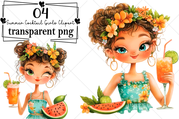Whimsical Summer Cocktail Girls Clipart Watercolor PNG
