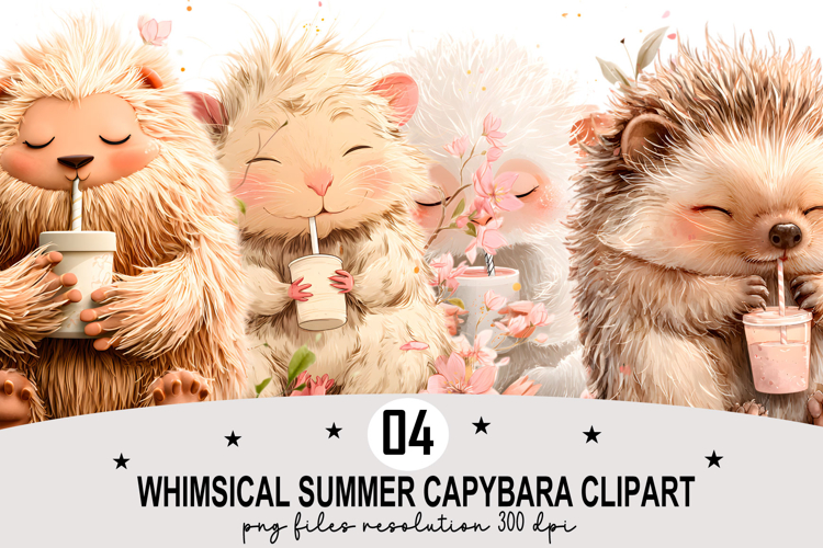 Whimsical Summer Capybara Clipart Watercolor PNG