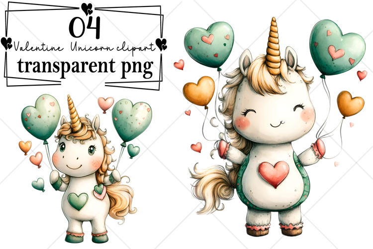 Whimsical Valentine Unicorn Clipart Watercolor PNG