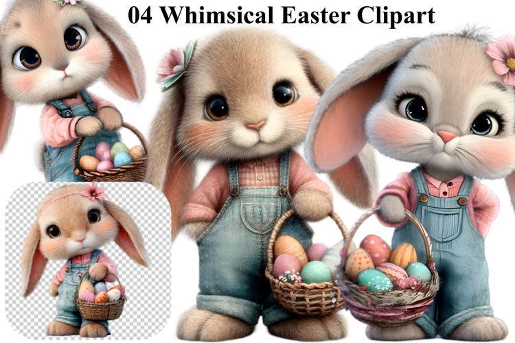 Whimsical Bunny Easter Clipart, Watercolor Easter Bunny PNG