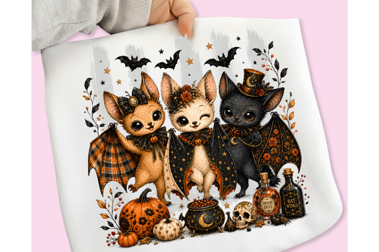 Cute Halloween Bats PNG, Coquette Bat Trio Sublimation, Bats example image 1