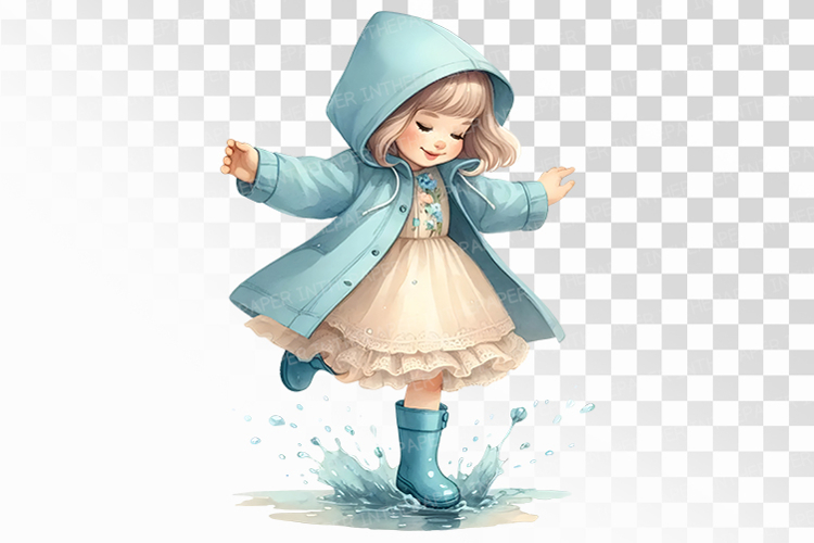 Watercolor Cozy Blue Raincoat with Hood and Pockets PNG
