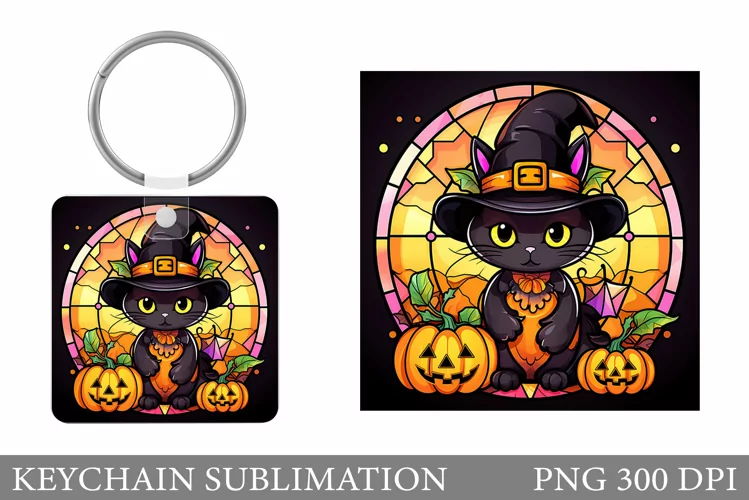 Black Cat Square Keychain. Halloween Keychain Design