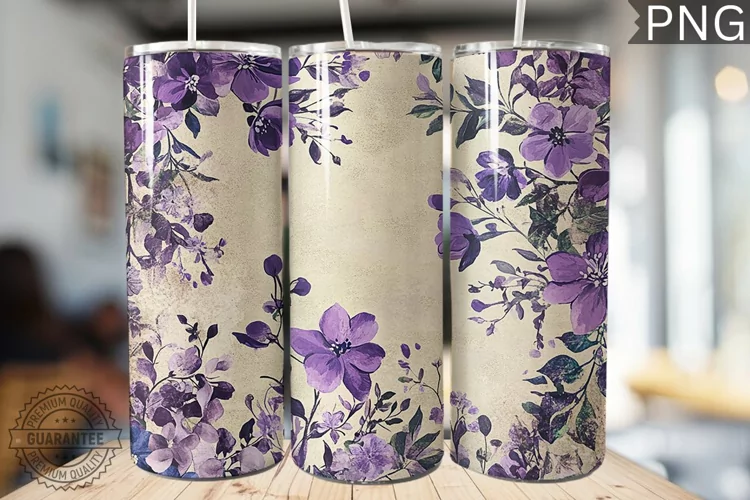 Purple Floral Tumbler Wrap - High Quality 300 Dpi