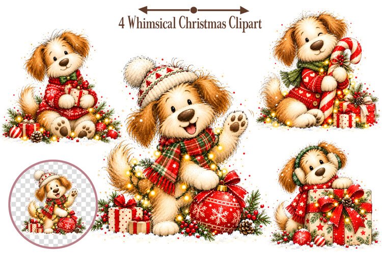 Whimsical Christmas Clipart, Christmas Dog Sublimation example image 1