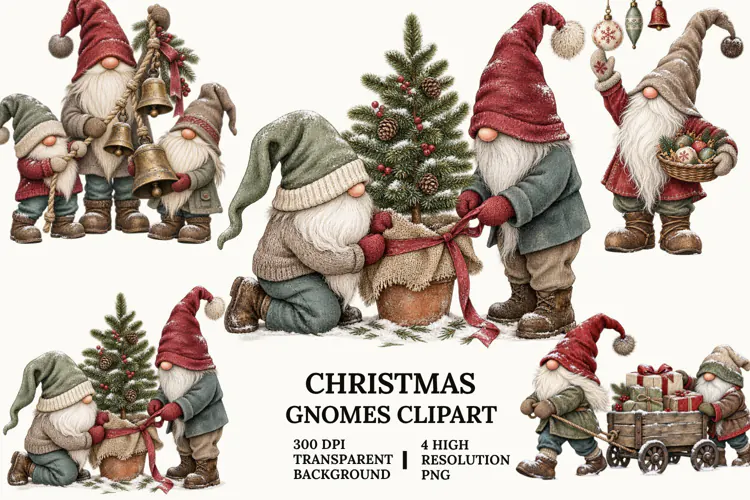 Christmas Gnome Clipart, Snow Globe, Sleigh and Mug PNG