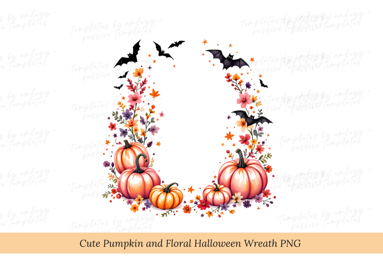 Cute Pumpkin and Floral Halloween Wreath PNG | Sublimation