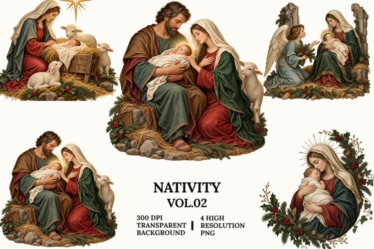 Nativity Vol 2 Clipart, Mary and Baby Jesus Christmas PNG example image 1