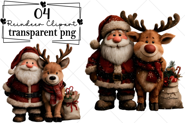 Santa & Reindeer Christmas Clipart Watercolor PNG