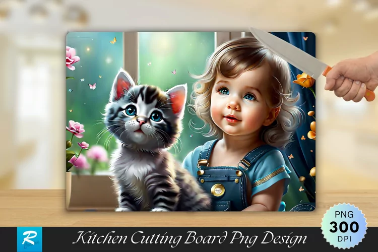 Cute Girl With Cat Cutting Board Sublimation Design