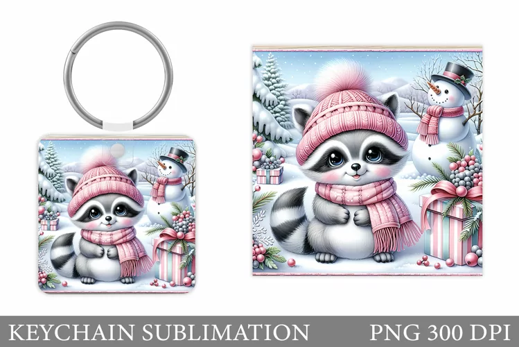 Christmas Raccoon Keychain. Christmas Keychain Design