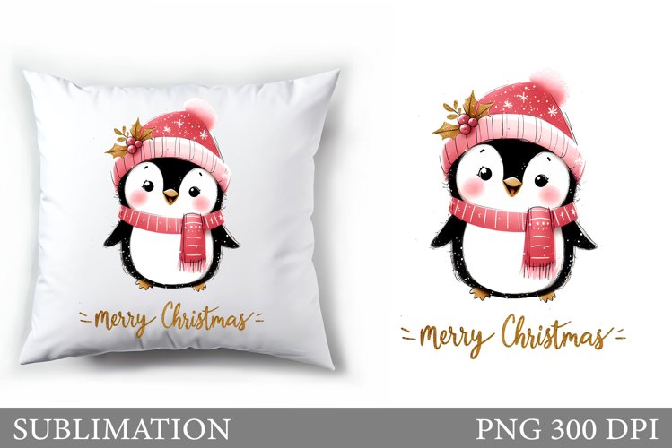 Cute Penguin Pillow Design. Christmas Pillow Sublimation example image 1