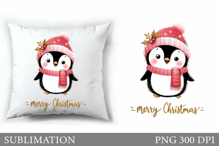 Cute Penguin Pillow Design. Christmas Pillow Sublimation