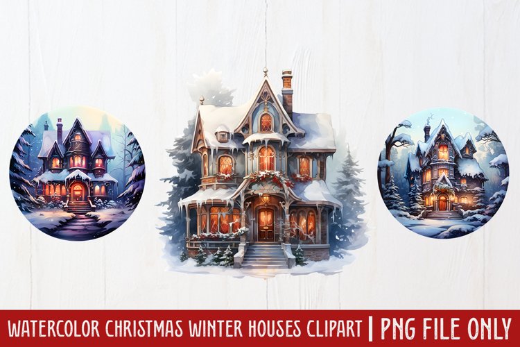 Watercolor Christmas Winter Houses Clipart,