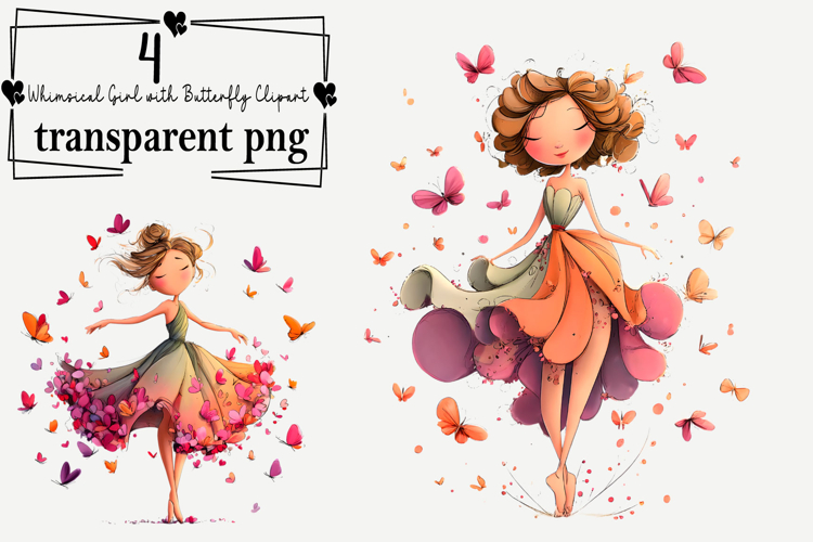 Whimsical Girl Butterfly Clipart Watercolor PNG