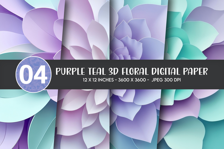 Purple Teal 3D Floral Digital Paper example image 1