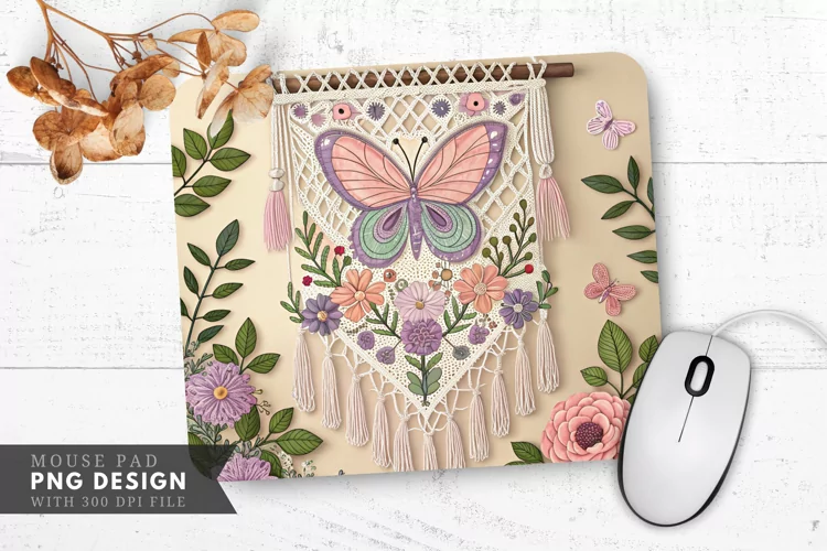 Butterfly Blossom Macramé Wall Hanging Mouse Pad PNG Design