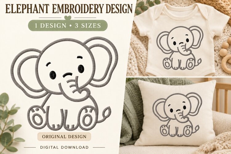 Cute Baby Elephant Embroidery Design example image 1