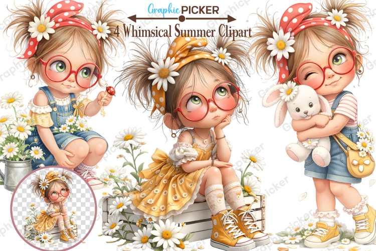 Whimsical Summer Daisy Girl Clipart, Whimsical Summer Girls