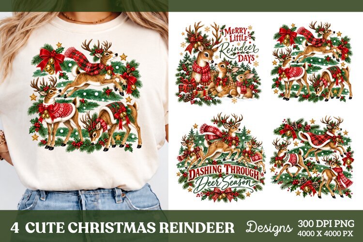 4 Christmas Reindeer Shirt PNG Designs, 4 Cute Reindeer Chri example image 1