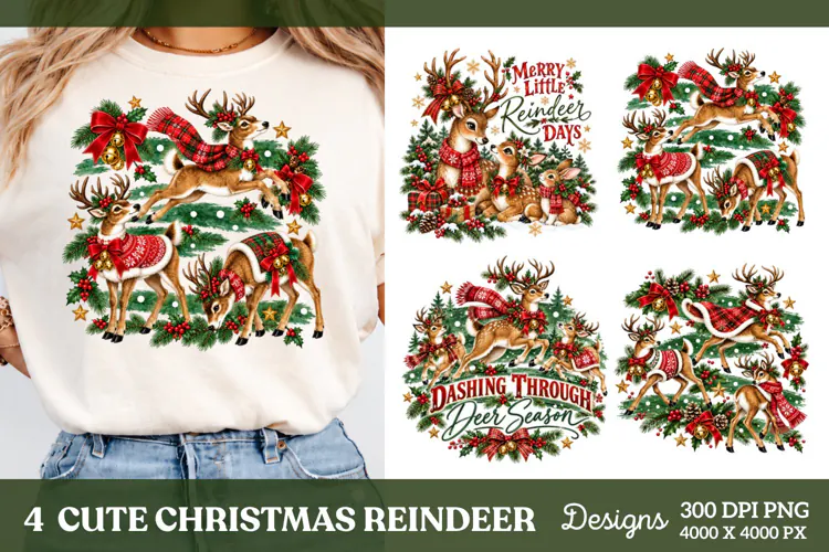 4 Christmas Reindeer Shirt PNG Designs, 4 Cute Reindeer Chri