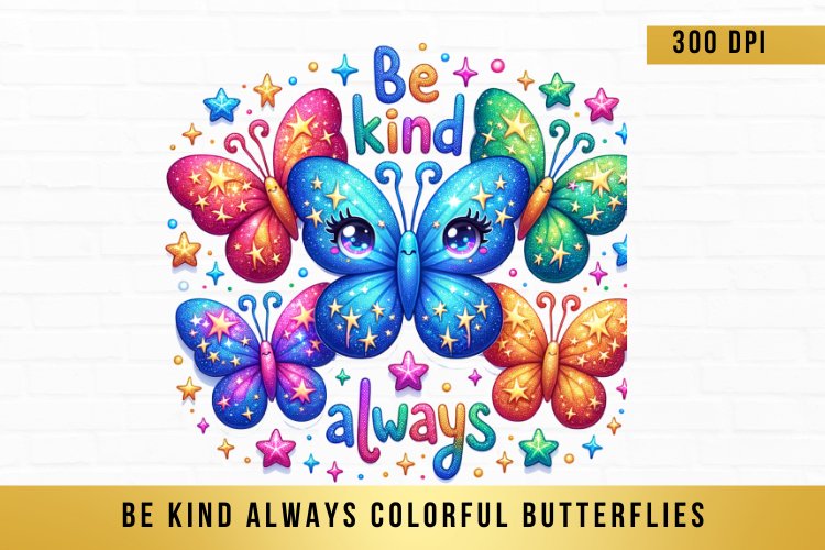 Be Kind Always Colorful Butterflies Sublimation Clipart