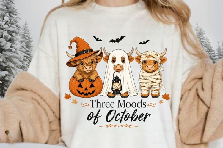 Three Moods Of October PNG Sublimation Design -Cute Highland