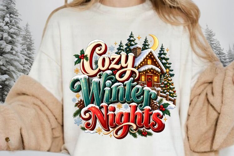 Cozy Winter Nights Snowy Cabin Christmas PNG Sublimation example image 1