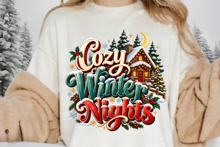 Cozy Winter Nights Snowy Cabin Christmas PNG Sublimation