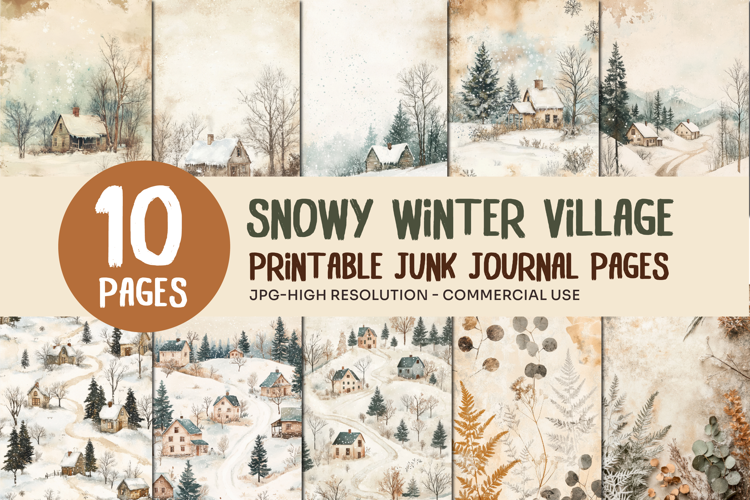 Snowy Winter Village Junk Journal Pages