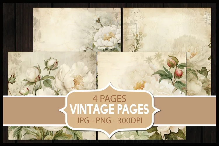 4 Vintage Peonies Flower Digital Papers I Junk Journal Pages