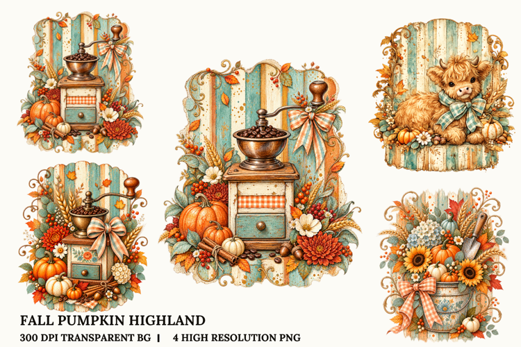 Fall Pumpkin Highland Cow Coffee Grinder Autumn PNG