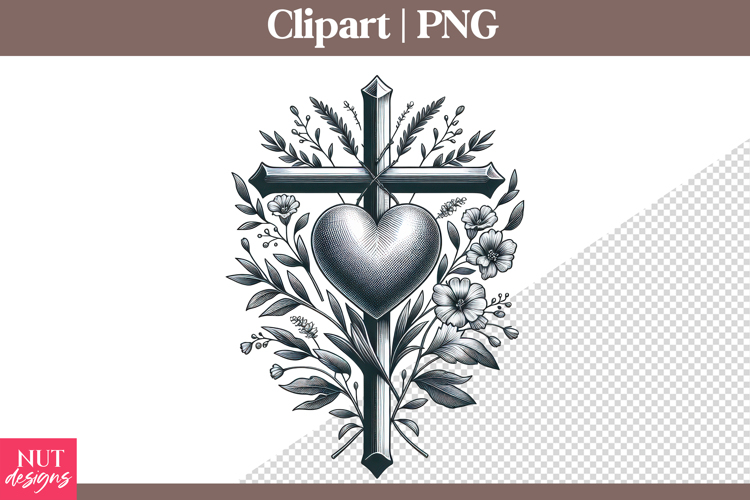 Christian clipart Heart Cross Floral Sublimation PNG