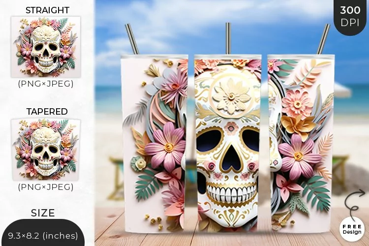 3D White Skull Tumbler Wrap | 3D Sublimation Wrap Design