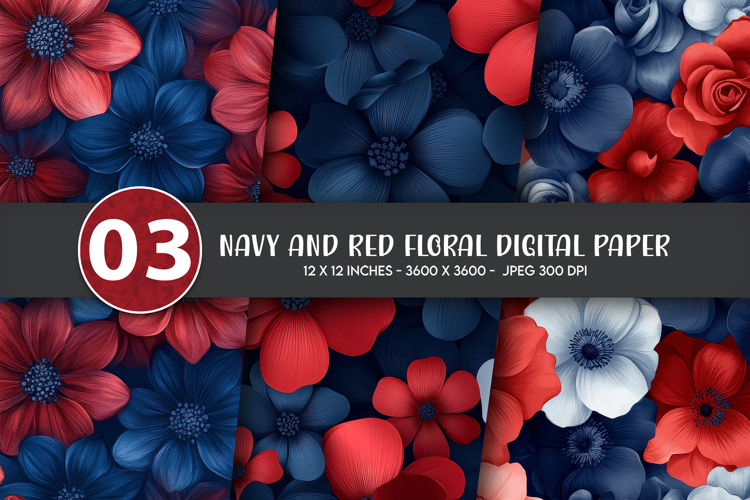Navy and Red Floral Digital Paper