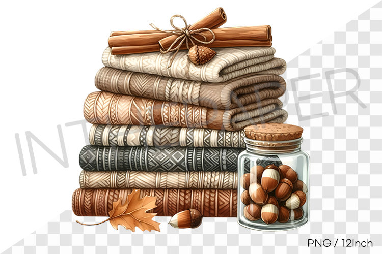 Cinnamon stick and acorn jar fall fabric stack PNG canvas