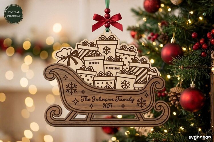 Santa Sleigh Ornament Laser Cut | Glowforge | SVG example image 1
