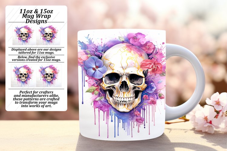 Artistic Floral Skull Mug Wrap for 11oz/15oz