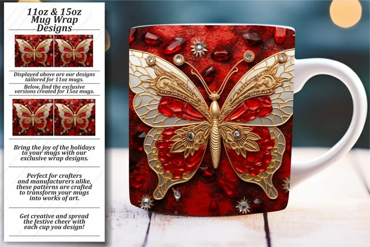 Whimsical Sparkle: Glossy 3D Butterfly Mug Wrap 11oz 15oz