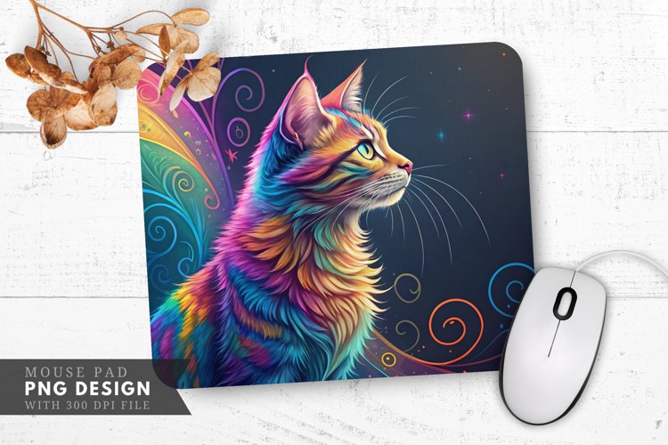 Whimsical Rainbow Cat in Colorful Patterns Mouse Pad PNG