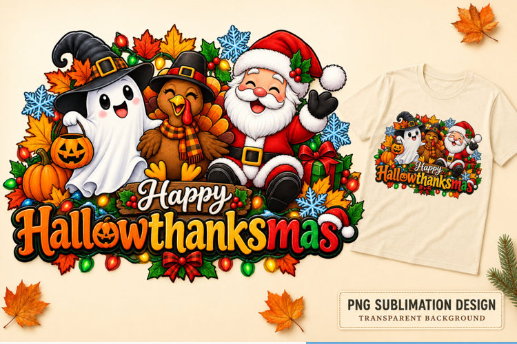 Happy Hallowthanksmas Ghost Turkey Santa PNG, Cute Holiday