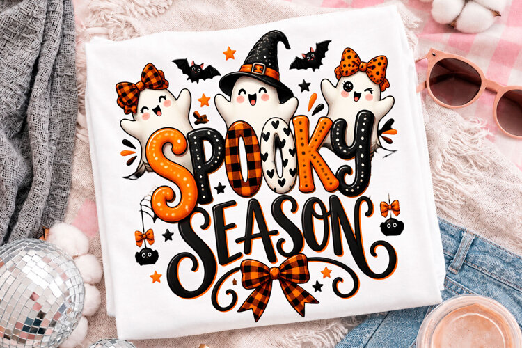 Cute Spooky Season Ghost Halloween Pumpkin T-Shirt Design example image 1
