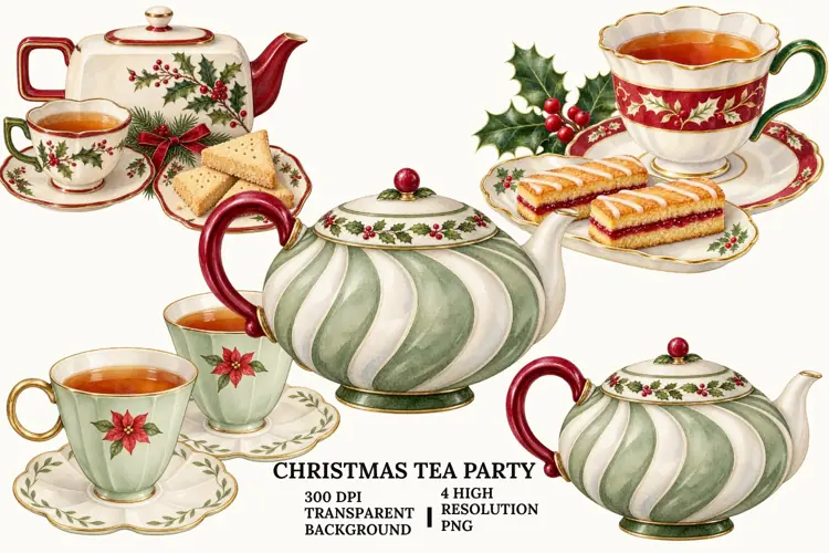 Christmas Tea Party PNG, Holiday Teacup Sublimation Design