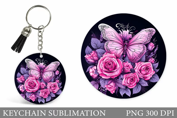 Butterfly Keychain Design. Roses Keychain Sublimation